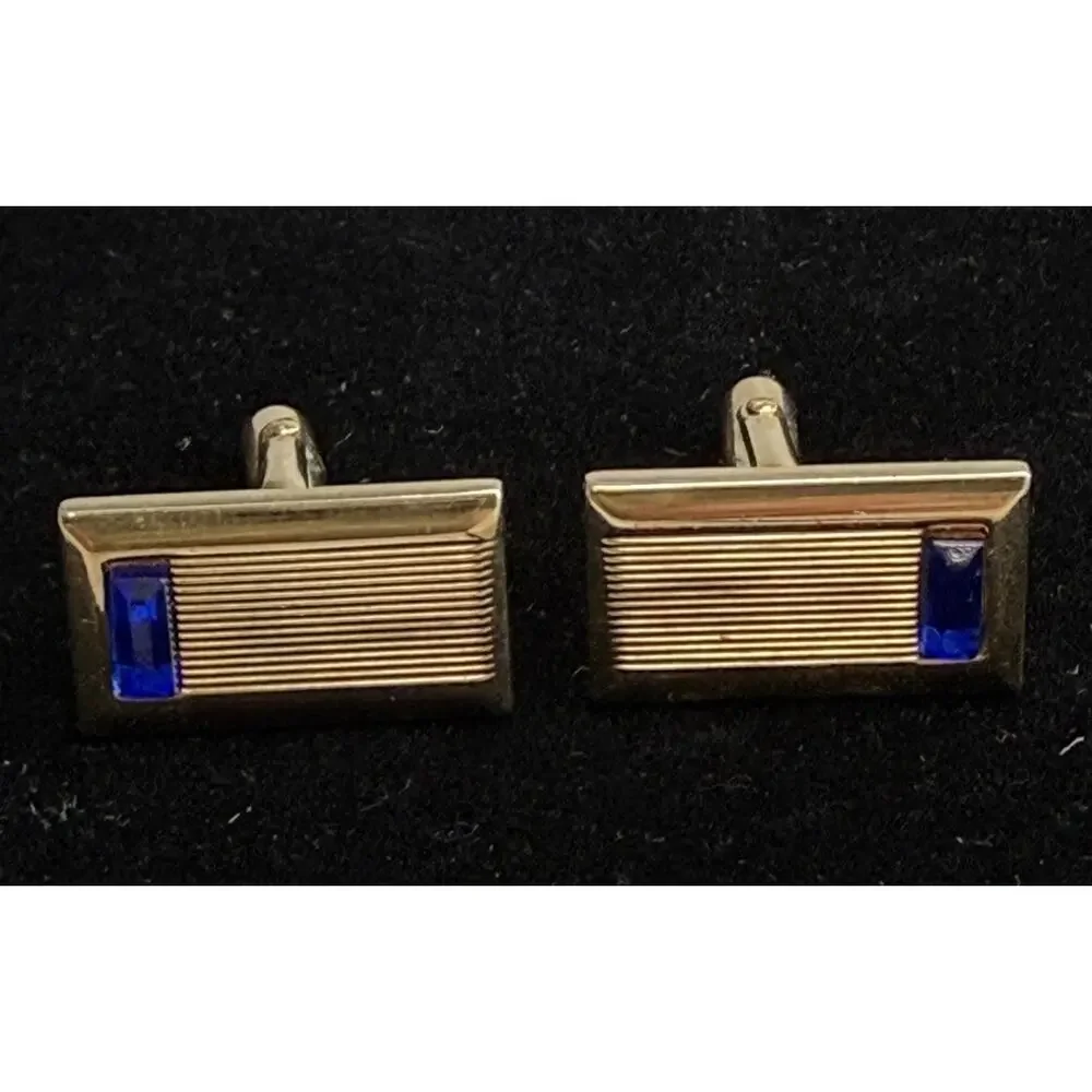 Art Deco Style Cufflinks Marked Anson Rectangle Gold Tone W/ Cobalt Blue 1960's